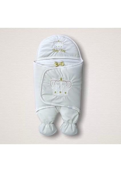 Yenidoğan King Baby Taç Nakışlı Ayaklı Erkek Bebek Kundak Ekru