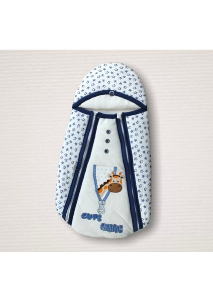 Yenidoğan Zürafa Nakışlı Çift Fermuarlı Erkek Kundak Bebek Battaniyesi Mavi