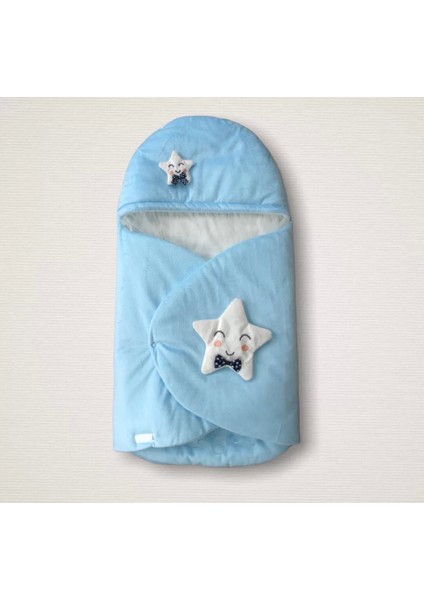 Yenidoğan Çift Yıldız Detaylı Şapkalı Duvaklı Erkek Bebek Klasik Kundak Bebek Battaniyesi Mavi