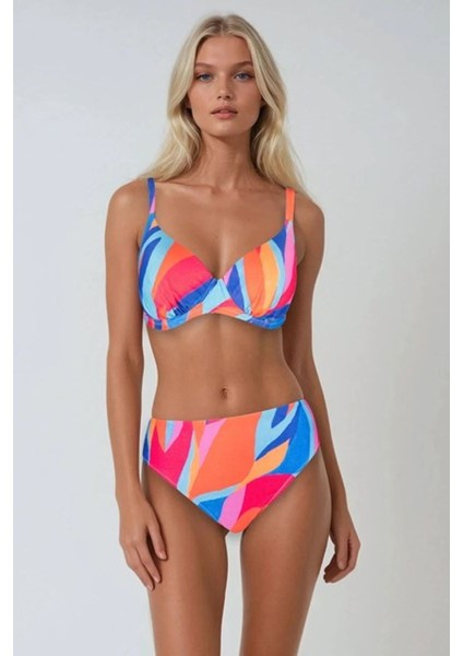 Çıkarılabilir Push Uplı Kaplı Telli Sim Detay Regen Pembe Desenli Toparlayıcı Bikini Takımı