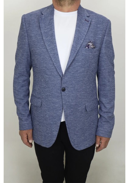 Moda Fistan Store Erkek Mavi Italyan Kesim Dar Kalıp Tek Düğme Çift Yırtmaçlı Blazer Ceket