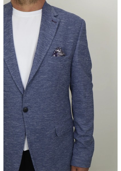 Moda Fistan Store Erkek Mavi Italyan Kesim Dar Kalıp Tek Düğme Çift Yırtmaçlı Blazer Ceket