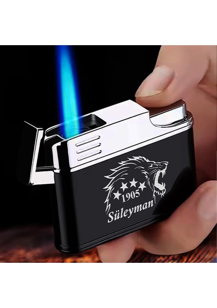 Kişiye Özel Isimli Siyah Gazlı Tasarım Çakmak 1905 Aslan Logo Baskılı
