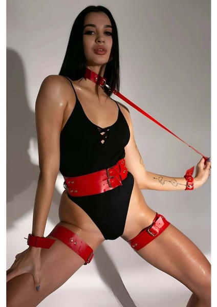 Deri Fanta Zi Set, Sert ve Şık Deri Kelepçeli Harness Takım Kırmızı L/xl