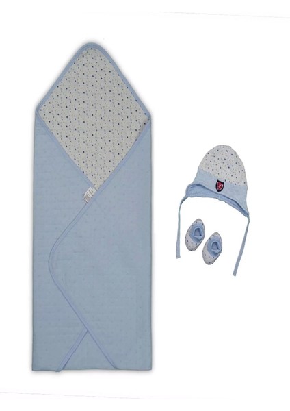Yenidoğan Baskılı Double Face Şapka ve Patikli 3lü Bebek Battaniye Takımı Mavi fiyatları
