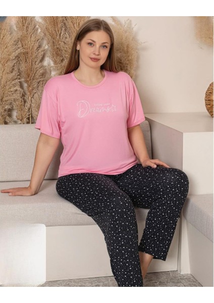 Charme Kadın Büyük Beden Bisiklet Yaka Milan Likralı Kısa Kol Pijama Takımı K601/247 - 1 Adet
