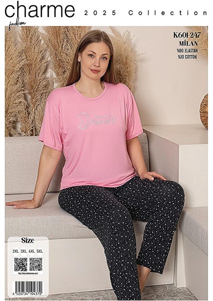 Charme Kadın Büyük Beden Bisiklet Yaka Milan Likralı Kısa Kol Pijama Takımı K601/247 - 1 Adet modelleri