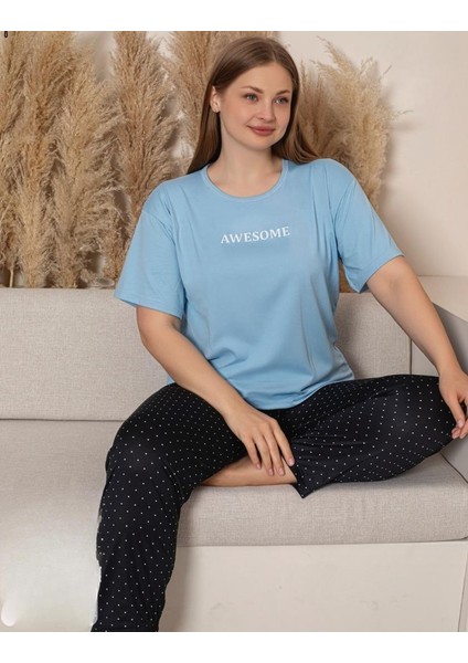 Charme Kadın Büyük Beden Bisiklet Yaka Milan Likralı Kısa Kol Pijama Takımı K601/249 - 1 Adet