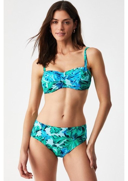 Yüksek Belli Kaplı Fırelın Mavi Desenli Straplez Bikini Takımı