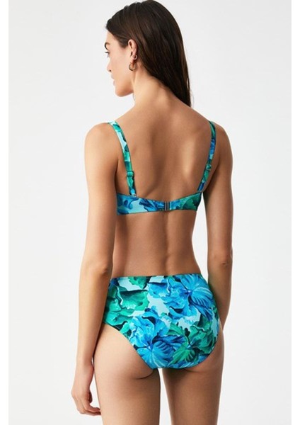 Yüksek Belli Kaplı Fırelın Mavi Desenli Straplez Bikini Takımı