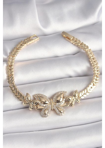 Pirinç Gold Renk Zirkon Taşlı Kelebek Model Kadın Bileklik