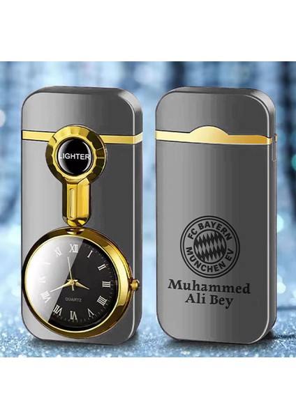Kişiye Özel Isimli Metal Rüzgar Geçirmez Saatli Gazlı Takım Baskılı Tasarım Çakmak