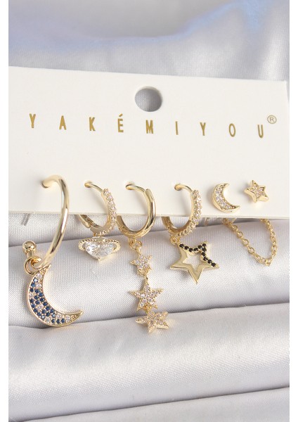 Pirinç Gold Renk Zirkon Taşlı Yıldız Model Hilal Detay 6'lı Kadın Kombin Küpe - TJ-BKP10455