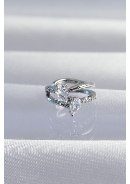 Pirinç Gümüş Renk Zirkon Taşlı Damla Earcuff Küpe - TJ-BKP9334