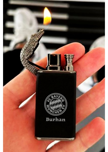 Kişiye Özel Isimli Timsah Başlı Çift Yanmalı Gazlı Siyah Çakmak Takım Baskılı fiyatları