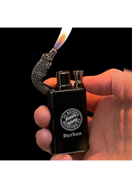 Kişiye Özel Isimli Timsah Başlı Çift Yanmalı Gazlı Siyah Çakmak Takım Baskılı modelleri