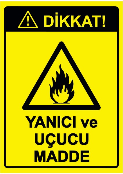 Dikkat! Yanıcı ve Uçucu Madde Uyarı Levhası Etiket 25X35 cm
