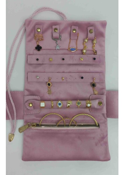 Kadife Takı Rulo Çantası | Seyahat Takı Organizeri | Kolye Küpe Yüzük Bileklik Düzenleyici