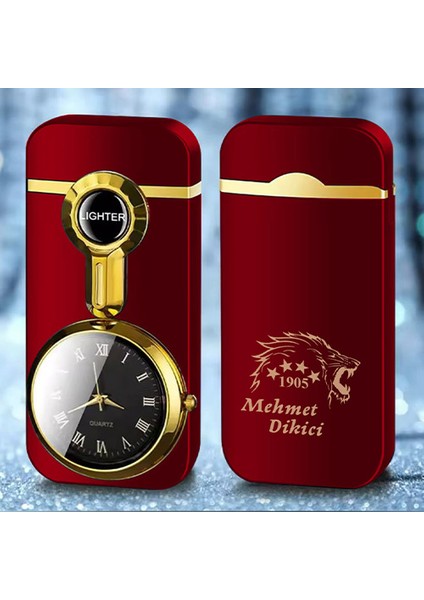 Kişiye Özel Isimli Metal Rüzgar Geçirmez Saatli Gazlı Baskılı Tasarım Çakmak Aslan Baskılı