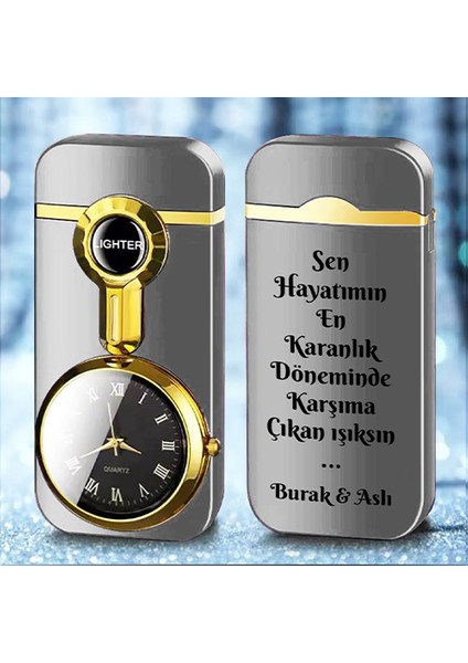 Işiye Özel Isimli Metal Rüzgar Geçirmez Saatli Gazlı Baskılı Tasarım Çakmak Söz Baskılı