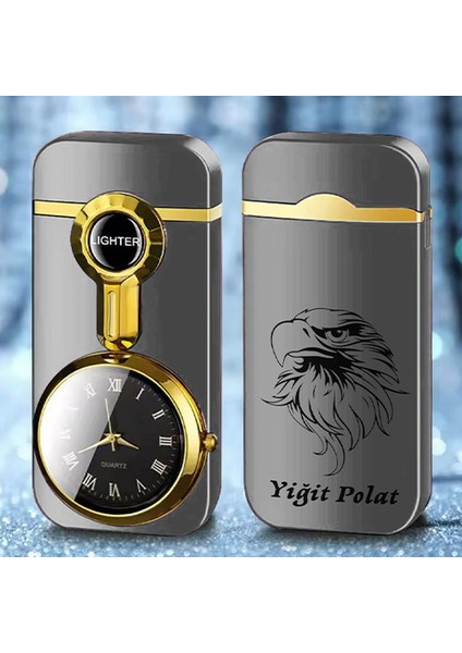 Işiye Özel Isimli Metal Rüzgar Geçirmez Saatli Gazlı Baskılı Tasarım Çakmak Kartal Baskılı