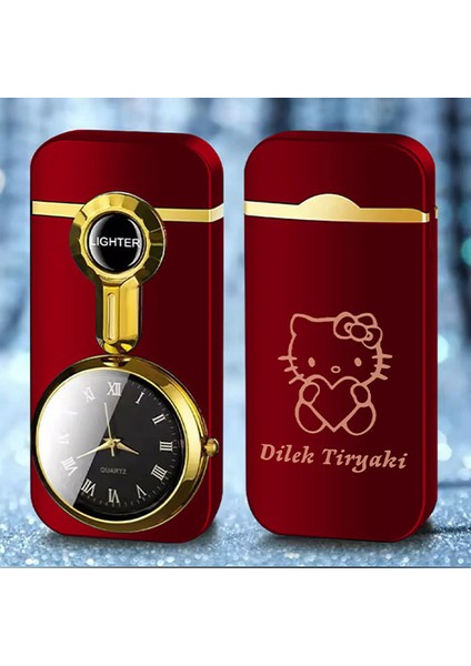 Işiye Özel Isimli Metal Rüzgar Geçirmez Saatli Gazlı Baskılı Tasarım Çakmak Hello Kitty Baskılı