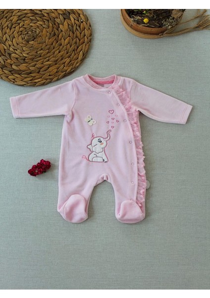 3-6 6-9 9-12 Ay Romantik Fil Nakışlı Pembe Süslü Kız Bebek Tulumu Pembe