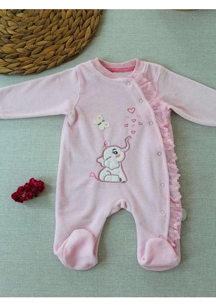 3-6 6-9 9-12 Ay Romantik Fil Nakışlı Pembe Süslü Kız Bebek Tulumu Pembe