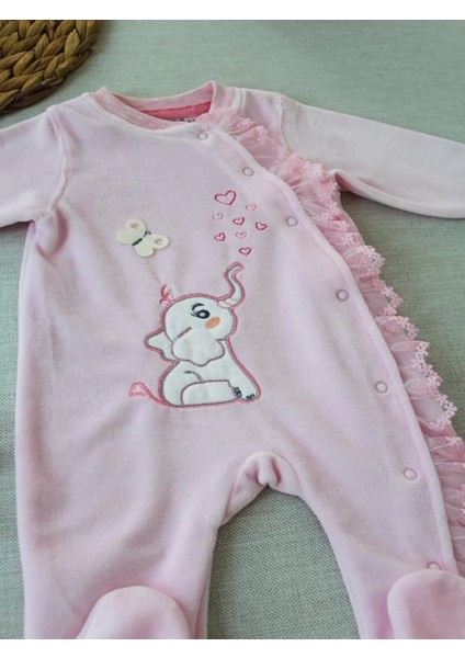 3-6 6-9 9-12 Ay Romantik Fil Nakışlı Pembe Süslü Kız Bebek Tulumu Pembe