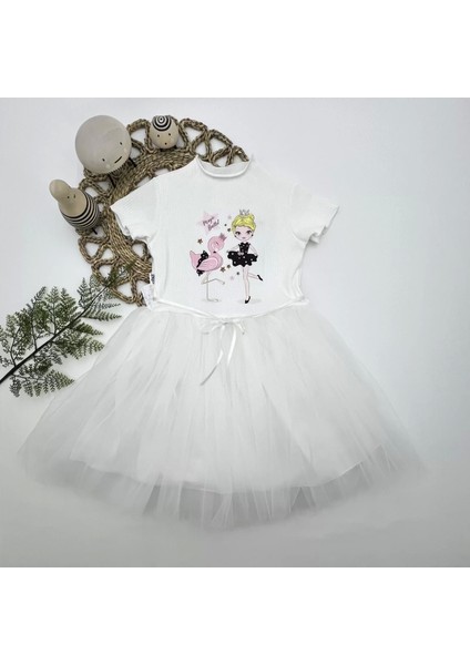 5-6-7 Yaş Flamingo Balerin Kız Baskılı Kurdela Kuşaklı Astarlı Kız Çocuk Tütü Elbise Beyaz