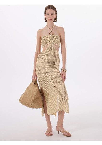 Bej Kadın Straplez Yaka Dar Kalıp Düz Örgü Triko Elbise F5SL-ELB0235 fiyatları