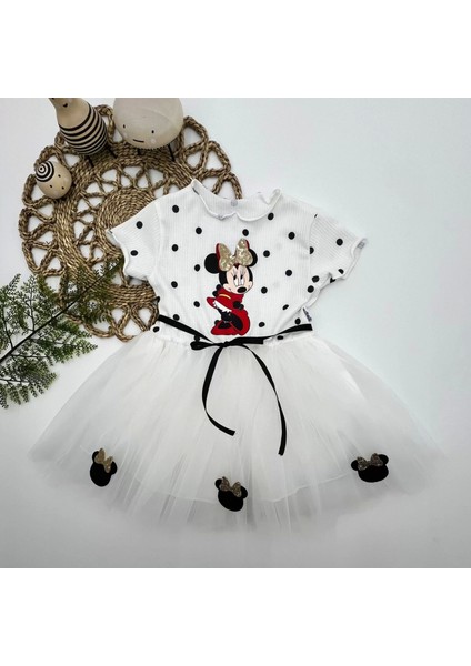 2-3-4 Yaş Puantiyeli Mickey Baskılı Kurdela Kuşaklı Astarlı Kız Bebek Tütü Elbisesi Beyaz