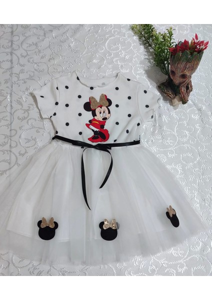 2-3-4 Yaş Puantiyeli Mickey Baskılı Kurdela Kuşaklı Astarlı Kız Bebek Tütü Elbisesi Beyaz modelleri