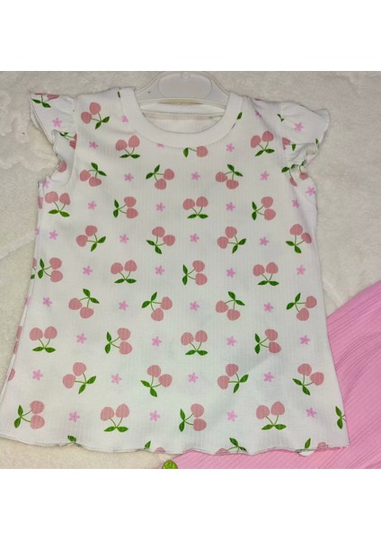 1-2-3-4 Yaş Kiraz Baskılı Tişört Ispanyol Paçalı Likralı 2li Kız Çocuk Takımı Pembe fiyatları