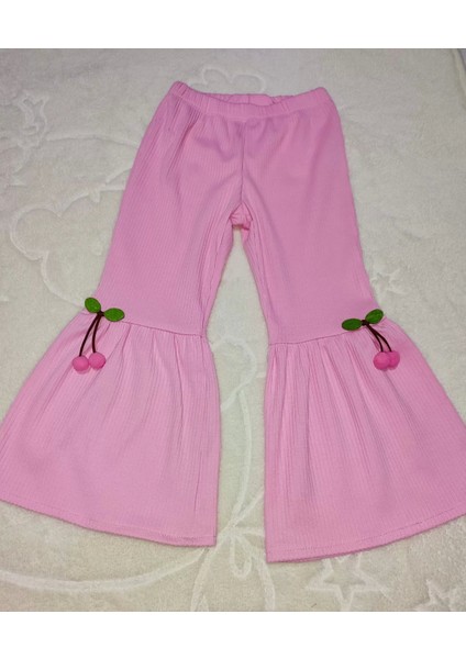 1-2-3-4 Yaş Kiraz Baskılı Tişört Ispanyol Paçalı Likralı 2li Kız Çocuk Takımı Pembe modelleri