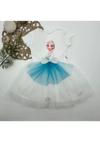 5-6-7 Yaş Elsa Desenli Fiyonklu Tül Etekli Astarlı Kısa Kollu Kız Çocuk Tütü Elbise Beyaz