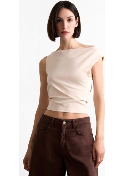 Kayık Yaka Crop Basic Düz Kolsuz Bluz F7489AX25SM