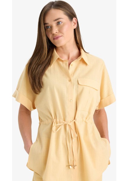 Regular Fit Bağcıklı Flamlı Pamuk Kısa Kollu Gömlek F3416AX25HS