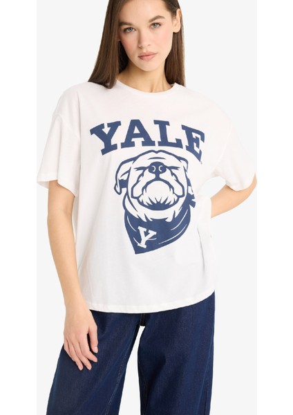 Yale University Oversize Geniş Kalıp Bisiklet Yaka Baskılı Kısa Kollu Tişört F4763AX25SM modelleri