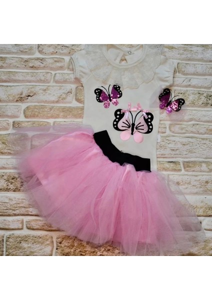 9-12-18 Ay Payetli Kelebek Nakışlı Taçlı Kısa Kollu Tütü Etek 3lü Kız Bebek Takımı Lila