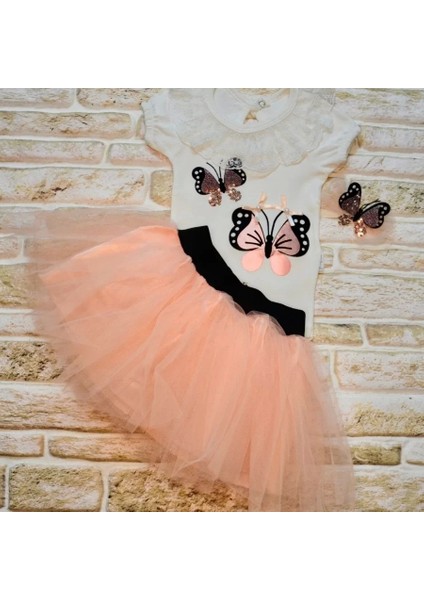 9-12-18 Ay Payetli Kelebek Nakışlı Taçlı Kısa Kollu Tütü Etek 3lü Kız Bebek Takımı Pudra