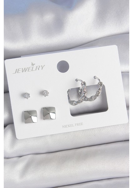 Pirinç Gümüş Renk Zirkon Taşlı Burgu Halka Model Kare Detay 3 Çift Kadın Küpe Seti