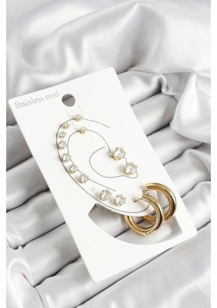 316L Çelik Halka Figürlü ve Zirkon Taşlı Gold Renk 7'li Çift Kadın Küpe Set