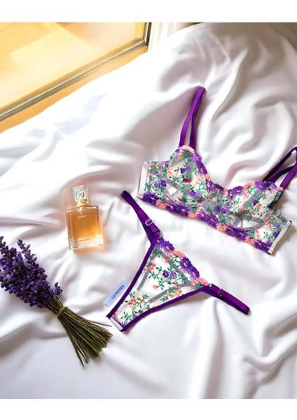 Mor Çiçekli Tül Brode Sütyen Takım (Sütyen & Tanga)