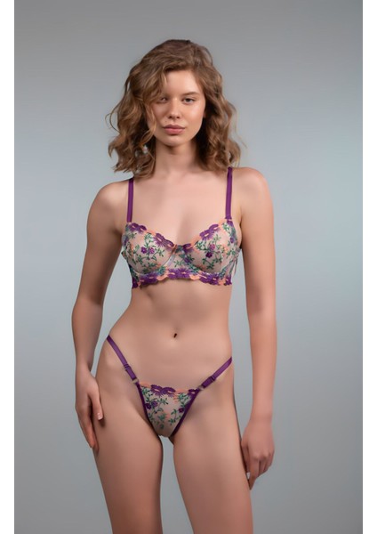 Mor Çiçekli Tül Brode Sütyen Takım (Sütyen & Tanga) fiyatları