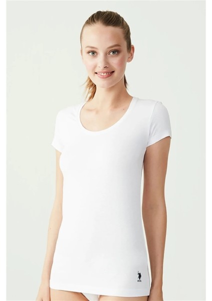 Kadın Beyaz Derin Yuvarlak Yaka T-Shirt 66003