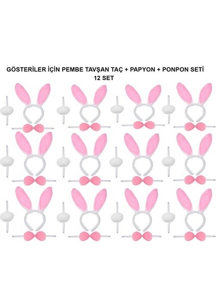 Pembe Tavşan Kostüm Seti – Taç, Papyon, Ponpon (12’li Paket)
