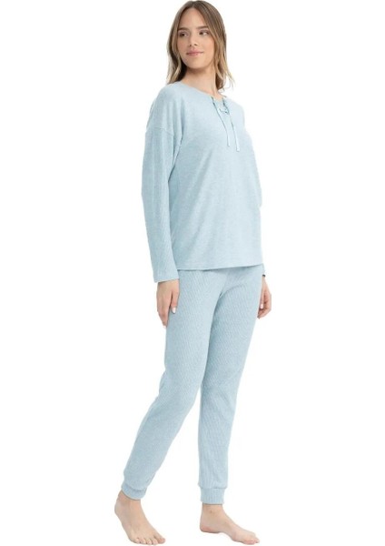 Kadın Mavi Melanj Pijama Takımı