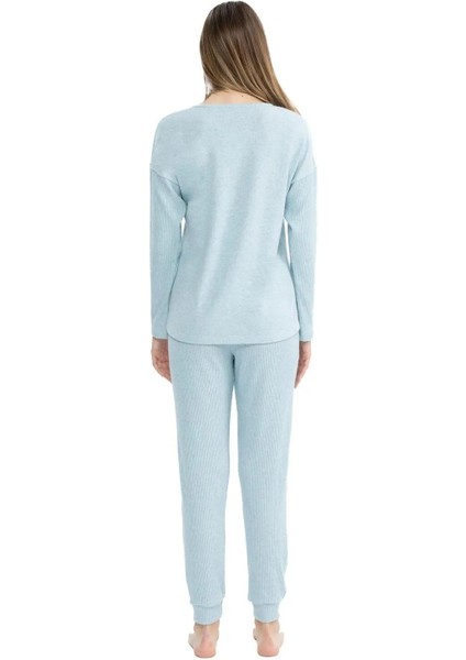Kadın Mavi Melanj Pijama Takımı