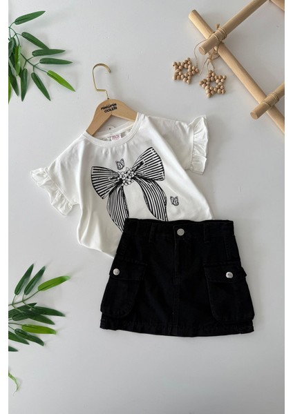 Ince Kot Etekli Fiyonk Desenli Kız Çocuk 2 li takım - Siyah